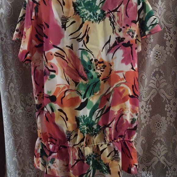Cato Women's‎ Sz 14-16W top crochet yoke ruffle hem orange yellow tropical print - Picture 4 of 9